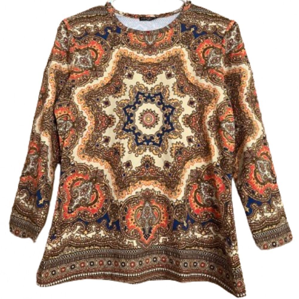 J. McLaughlin Women’s Multi Catalina Cloth Medallion Print 3/4 Sleeve Top Sz-S